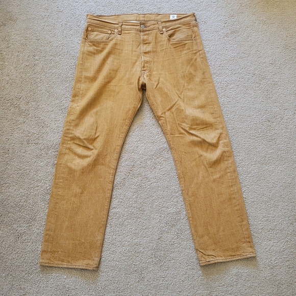 Levis 501 Jeans Mens 36x32 Mustard Yellow White Oak Cone Denim Straight Straight - Picture 1 of 7